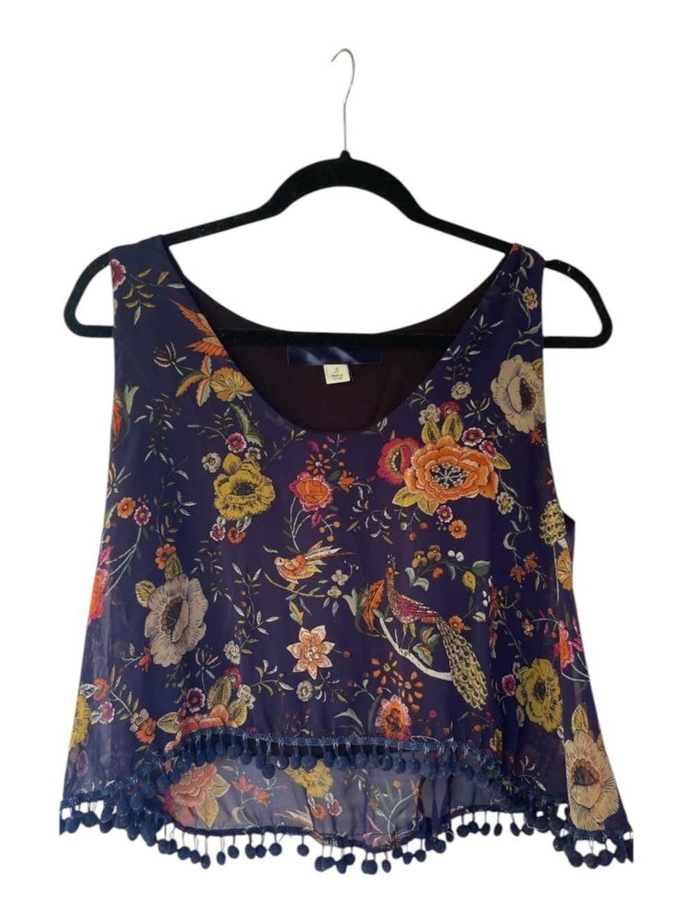 Women's Navy Floral Pom-Pom Hem Sleeveless Top
